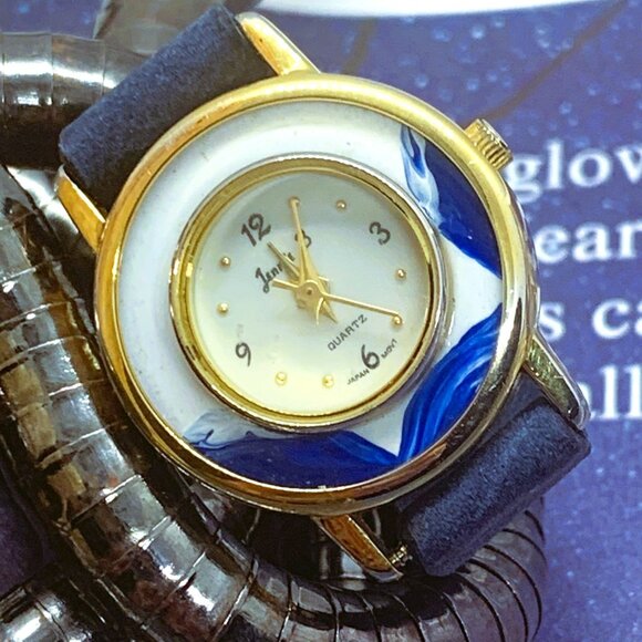 Jennie B Gold/White & Blue Enamel Custom Blue Leather Band Watch Ring Sz 10 US - Picture 1 of 6